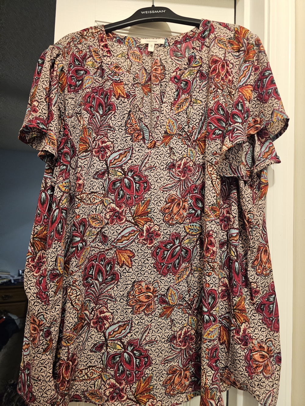 4/$25 Maurices Floral Print Short-Sleeve Blouse in Pink, Orange, Teal